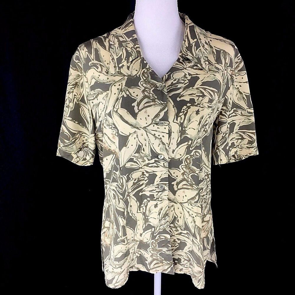 Jacques‎ Vert Womens Top 12/14 (msrd) Hawaiian Green Short Sleeve Button Floral
